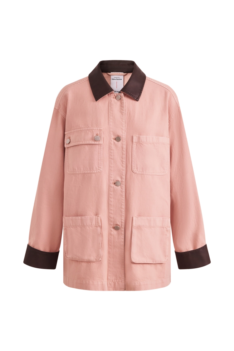 Telmo Dusty Pink Leather Collar Patch Pocket Jacket in Cotton Denim