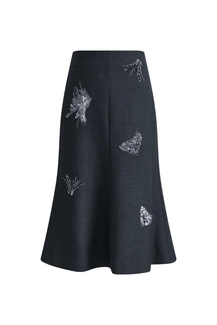 Hannah Beadwork Midi Skirt in Wool Blend Suiting