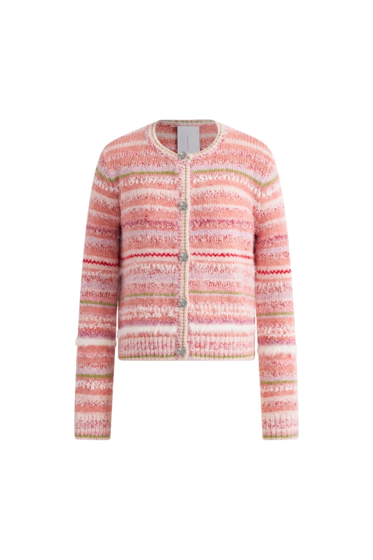 Belleville Fitted Stripe Sequin Tweed Cardigan in Brushed Multi-Yarn Wool Knit