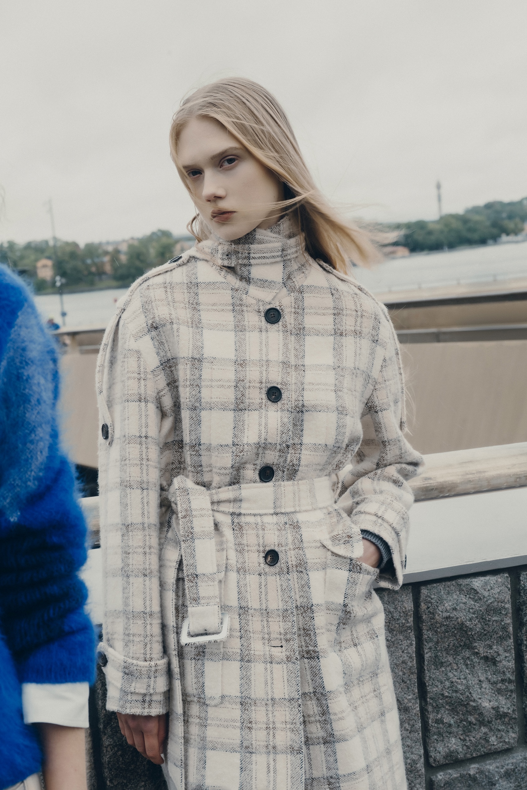 Fleur Textured Plaid Belted Long Coat in Wool Blend