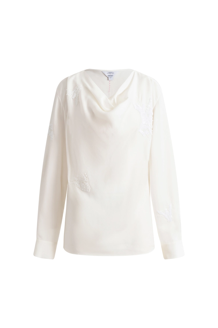 Bianca Drape Neck Sequin Embroidered Blouse in Acetate Twill