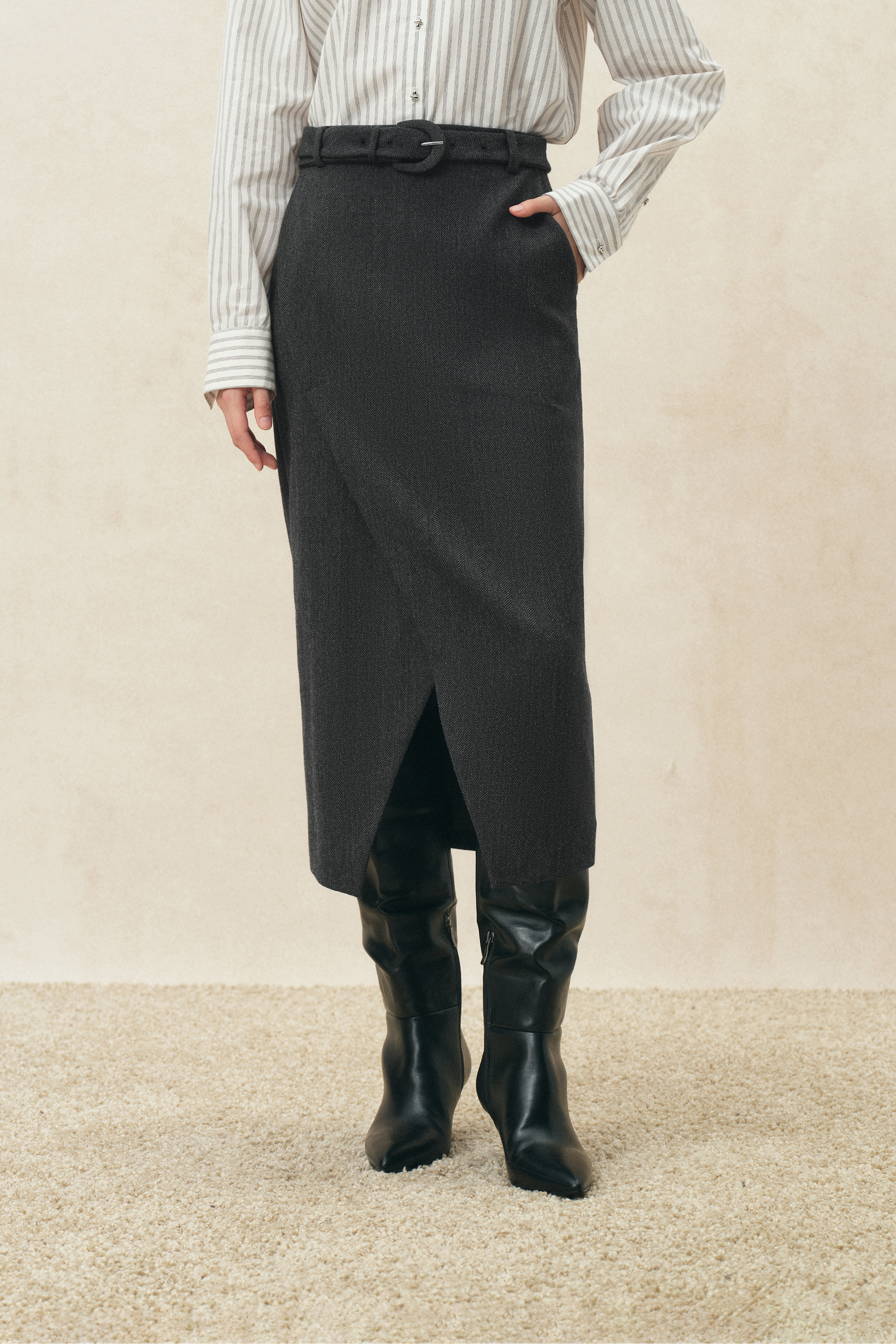 Muriel Tulip Silhouette Belted Slit Midi Skirt in Wool Blend